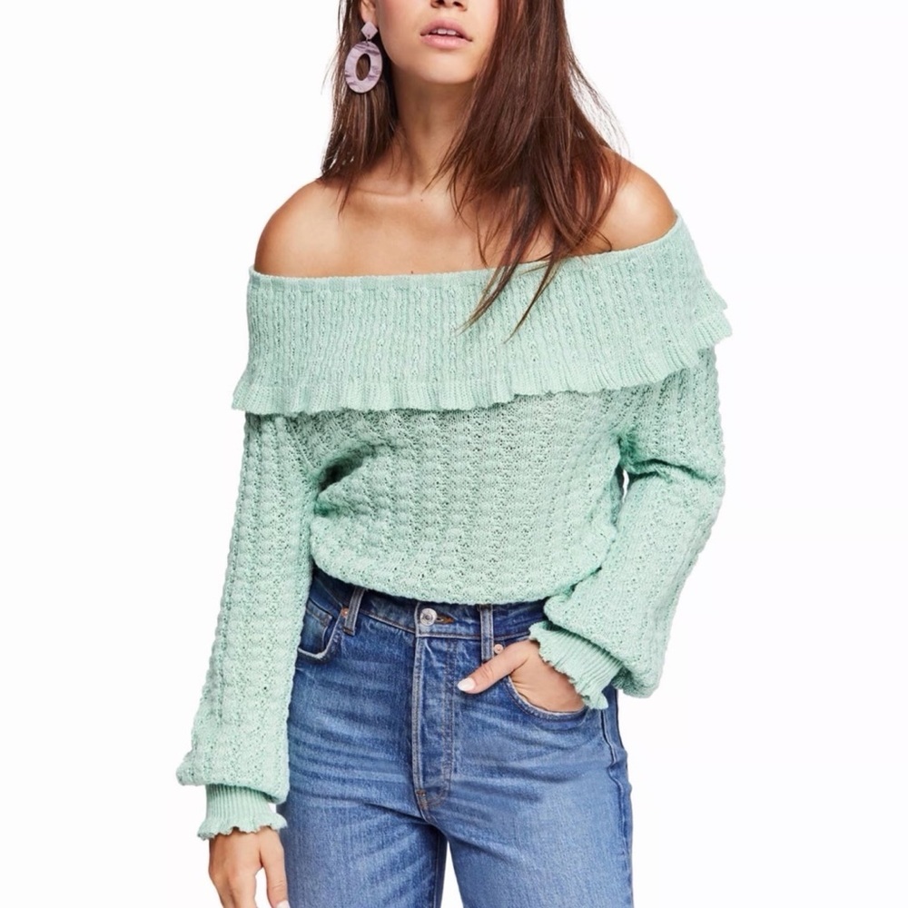 Free People Crazy In Love Knit Ruffle Pullover Sweater - Mint